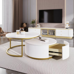 Modern Round Nesting Coffee Table Fluted with Drawer in White & Gold in 27.6"
