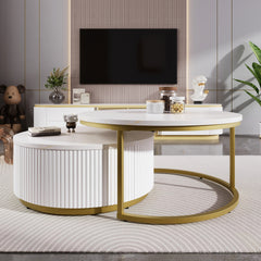 Modern Round Nesting Coffee Table Fluted with Drawer in White & Gold in 27.6"
