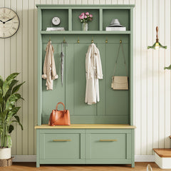 ON-TREND Versatile 4-in-1 Hall Tree with 6 Golden Hooks, Wood Grain Bench with Multiple Storage Space, Entryway Coat Rack with 2 Drawers for Living Room, Hallway, Mint Green, 76.6''H