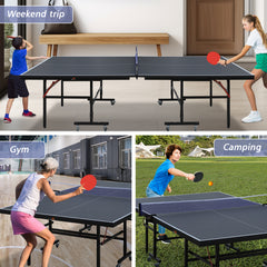 DOUBLE FISH 9 Ft MidSize Table Tennis Table Foldable And Portable Ping Pong Table Set For Indoor Games With Net 2 Table Tennis Paddles And 3 Balls
