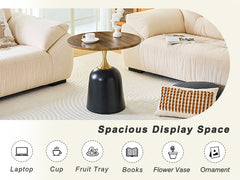 Small circular side table coffee table, metal base living room table, walnut wood grain minimalist modern decoration, unique circular sofa bedside office desk.