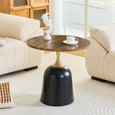 Small circular side table coffee table, metal base living room table, walnut wood grain minimalist modern decoration, unique circular sofa bedside office desk.