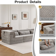 Compression Mahjong Sofa,Convertible Floor Sofa Bed,DIY Boneless Modular Sectional Sofa,No Assembly Required,Circle fleece fabric,Oversized 3 Seater with 1 Ottoman,Light-grey