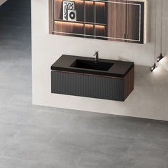 36'' Floating Bathroom Vanity with Sink, Wall-Mounted Striped Bathroom Storage Cabinet with Soft-Close Drawers and Black Quartz Sand Basin, Fully Assembled, Smoked Walnut 24V16-36WAB-W1920P385438