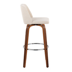 Toriano 30" Mid-Century Modern Fixed-Height Barstool with Swivel in Walnut Wood and Cream Noise Fabric with Round Chrome Metal Footrest by LumiSource - Set of 2