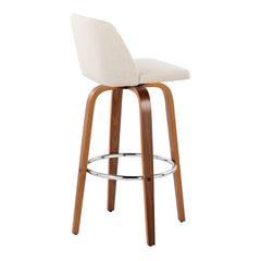 Toriano 30" Mid-Century Modern Fixed-Height Barstool with Swivel in Walnut Wood and Cream Noise Fabric with Round Chrome Metal Footrest by LumiSource - Set of 2