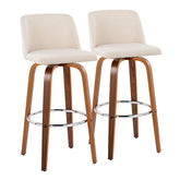 Toriano 30" Mid-Century Modern Fixed-Height Barstool with Swivel in Walnut Wood and Cream Noise Fabric with Round Chrome Metal Footrest by LumiSource - Set of 2