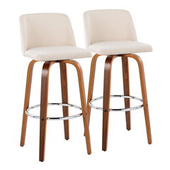 Toriano 30" Mid-Century Modern Fixed-Height Barstool with Swivel in Walnut Wood and Cream Noise Fabric with Round Chrome Metal Footrest by LumiSource - Set of 2