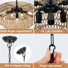 Boho Rattan Chandelier, 6-Light Dining Room Light Fixture, Wicker Pendant Lighting with 4-Tier Woven Lampshade, Large Farmhouse Chandeliers for Dining Room Bedroom Kitchen Living Room(20")
