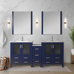 Navy Blue Double Bath Vanity 72 in. W x 18.25 in. D, with Side Cabinets, White Ceramic Top, and 28 in. Mirrors