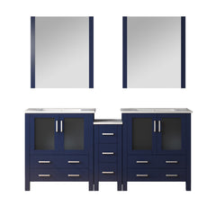 Navy Blue Double Bath Vanity 72 in. W x 18.25 in. D, with Side Cabinets, White Ceramic Top, and 28 in. Mirrors
