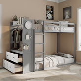 Twin Size Bunk Bed with 4 Storage Drawers, Hanging Rail, Light Strip and Built-in Shelves & Dual Pegboards, 3 Colors Available,Gray