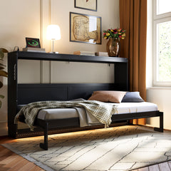 Twin-Size Modern Side-Folding Murphy Bed with Trendy Printed Pattern, LED Under-Bed Lighting & Built-In USB Outlet – Space-Saving Design-Black