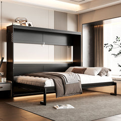 Queen-Size Modern Side-Folding Murphy Bed with Trendy Printed Pattern, LED Under-Bed Lighting & Built-In USB Outlet – Space-Saving Design-Black