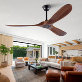 60" Solid Wood Ceiling Fan, Outdoor, 3 Blade, No Light, Walnut, for Patio Living Room Bedroom Porch, Remote Control, Water Resistant
