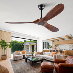 60" Solid Wood Ceiling Fan, Outdoor, 3 Blade, No Light, Walnut, for Patio Living Room Bedroom Porch, Remote Control, Water Resistant