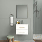 24-Inch Wall-Mounted Bathroom Vanity with Sink and Mirror Combo,Double Drawers, Ceramic Basin, Sliver Aluminum Frame,Easy Assemble,Long Handle In Gold Metal,2 Storage Drawers,Glossy White