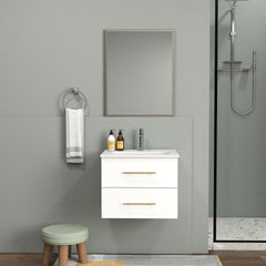 24-Inch Wall-Mounted Bathroom Vanity with Sink and Mirror Combo,Double Drawers, Ceramic Basin, Sliver Aluminum Frame,Easy Assemble,Long Handle In Gold Metal,2 Storage Drawers,Glossy White