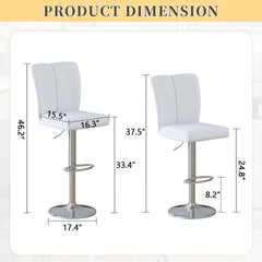 Modern White PU Bar Stool Set - 2-Piece, featuring vertical and smooth-lined backrests with trumpet-shaped silver metal legs. Ideal for placement in bars, living rooms, lounges, and similar settings.