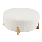 Modish Round Ottoman: BoucleTop with Splayed Rubber Wood Legs, White