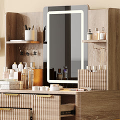 4-Drawer Vanity Desk with LED Mirror & Carved Details, Fluted Makeup Table with Metal Legs and PU Stool, Carved Dressing Table with Jewelry Storage for Bedroom