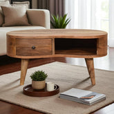 Solid Wood Mini Oak-ish Wave Coffee Table, 1-Drawer, 1 Open Slot, Nordic Legs, Light Brown,