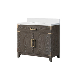 Brown Oak Single Bath Vanity 36 in. W x 22 in. D, with White Quartz Top