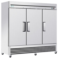 72" Cu Ft Commercial Reach-In Freezer, 3 Solid Door Stainless Steel Upright, -8–0°F Deep Freeze, 9 Heavy-Duty Shelves, R290, 110V