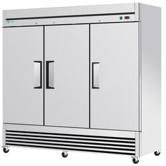 72" Cu Ft Commercial Reach-In Freezer, 3 Solid Door Stainless Steel Upright, -8–0°F Deep Freeze, 9 Heavy-Duty Shelves, R290, 110V