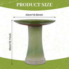 Handmade Green Gradient Glaze Ceramic Bird Bath, 16.93 inch Diameter 18.11 inch Height, Outdoor Garden for Birds Bathing & Feeding, Lightweight & Weather-Resistant