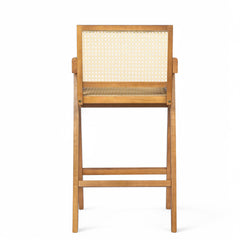27'', Modern Minimalist Bar Stool with Cane Seat, Solid Wood Frame, Natural Finish
