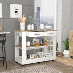Cala Kitchen Island 46, Six Casters, Two Drawers, Lower Open Shelf -White / Light Oak