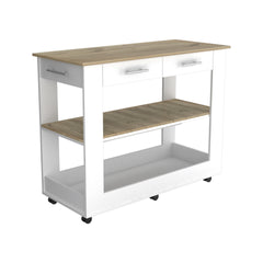 Cala Kitchen Island 46, Six Casters, Two Drawers, Lower Open Shelf -White / Light Oak