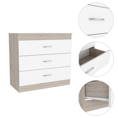 Melia Three Drawer Dresser, Superior Top, Metal Hardware -Light Gray / White