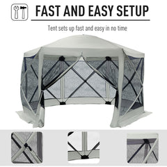 6-Sided Hexagon Pop Up Party Tent Gazebo with Mesh Netting Walls & Shaded Interior, 12' x 12', Beige