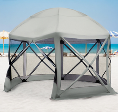 6-Sided Hexagon Pop Up Party Tent Gazebo with Mesh Netting Walls & Shaded Interior, 12' x 12', Beige