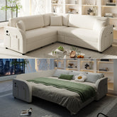 85.1" L-Shaped Sofa Couch with Pull-Out Bed,Oversize Convertible Sleeper Sofa with side Pocket & USB Port,Teddy Upholstered Sectional Couches, for Living Room, Apartment, Office,Beige/White