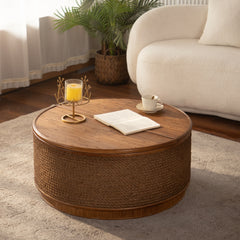 Round Rattan Coffee Table with Lift-Off Lid Storage, Hand-Woven Hemp Rope Trim, Boho-Chic Style, Perfect for Cozy Living Rooms & Compact Spaces