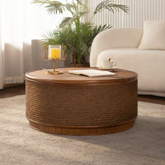 Round Rattan Coffee Table with Lift-Off Lid Storage, Hand-Woven Hemp Rope Trim, Boho-Chic Style, Perfect for Cozy Living Rooms & Compact Spaces