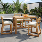 TREXM 5-Piece Rustic Patio Bar Set, Patio Table and Chairs Set with Ergonomic Chairs, Solid Wood Slatted Tabletop for Poolside, Balcony, Backyard, Porch (Light Teak+Beige Cushion)