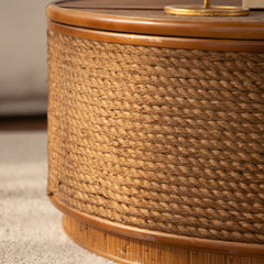Round Rattan Coffee Table with Lift-Off Lid Storage, Hand-Woven Hemp Rope Trim, Boho-Chic Style, Perfect for Cozy Living Rooms & Compact Spaces