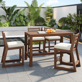 TREXM 5-Piece Rustic Patio Bar Set, Patio Table and Chairs Set with Ergonomic Chairs, Solid Wood Slatted Tabletop for Poolside, Balcony, Backyard, Porch (Mocha+Beige Cushion)
