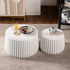 White Round Storage Table Set with Lift-Off Lid, Nesting Design, Elegant Curved-Edge Shape for Cozy Living Room Styling