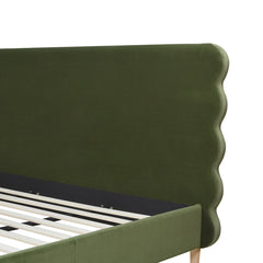 Stockholm Modern Wavy Headboard Platform Bed, King, Olive Green Performance Velvet