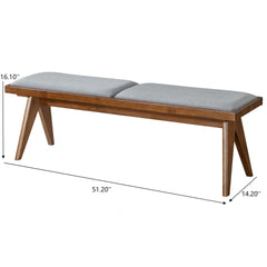Keira Solid Wood Bench with Grey Fabric Upholstery and Walnut-Colored Legs, 51.18 x 14.17 inches