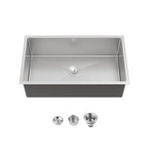 Stainless Steel Kitchen Sink, 33″x19″ Drop In Single Bowl, Undermount Handmade Sink in Brushed Nickel, with US Standard Drain and Hook