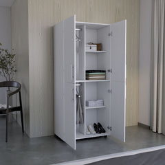 Armoire Wardrove 70" H, Double Doors, 6 Shelves, 2 Hanging Rods, White