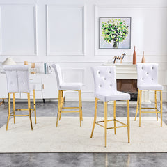 A set of 2 white and gold vintage crocodile leather bar chairs, featuring crystal clasp design and synthetic leather design, adding a touch of elegance and mystery to the dining area