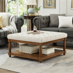 Large Square Upholstered Tufted Linen Ottoman Coffee Table, Large Footrest Ottoman with Solid Wood Shelf- Ivory