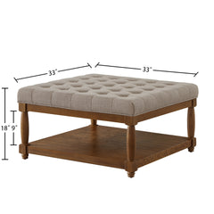 Large Square Upholstered Tufted Linen Ottoman Coffee Table, Large Footrest Ottoman with Solid Wood Shelf- Linen